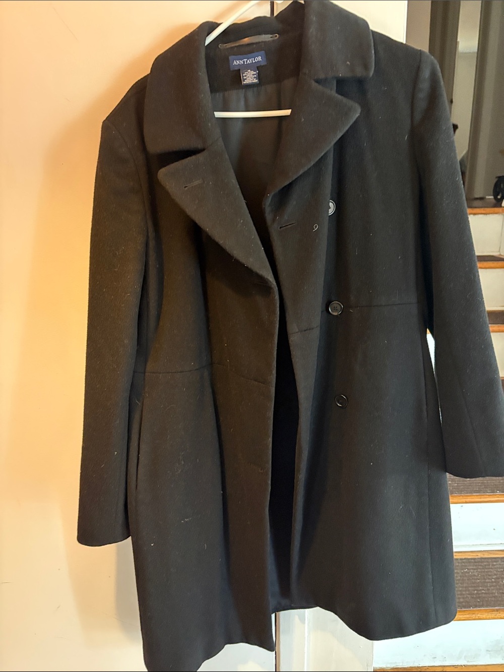 Ann Taylor Black Wool-Blend Pea Coat with Notched Collar